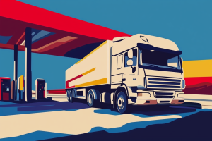Bold, graphic-style scene of a white trailer truck under a bright red station canopy against a blue and yellow backdrop.