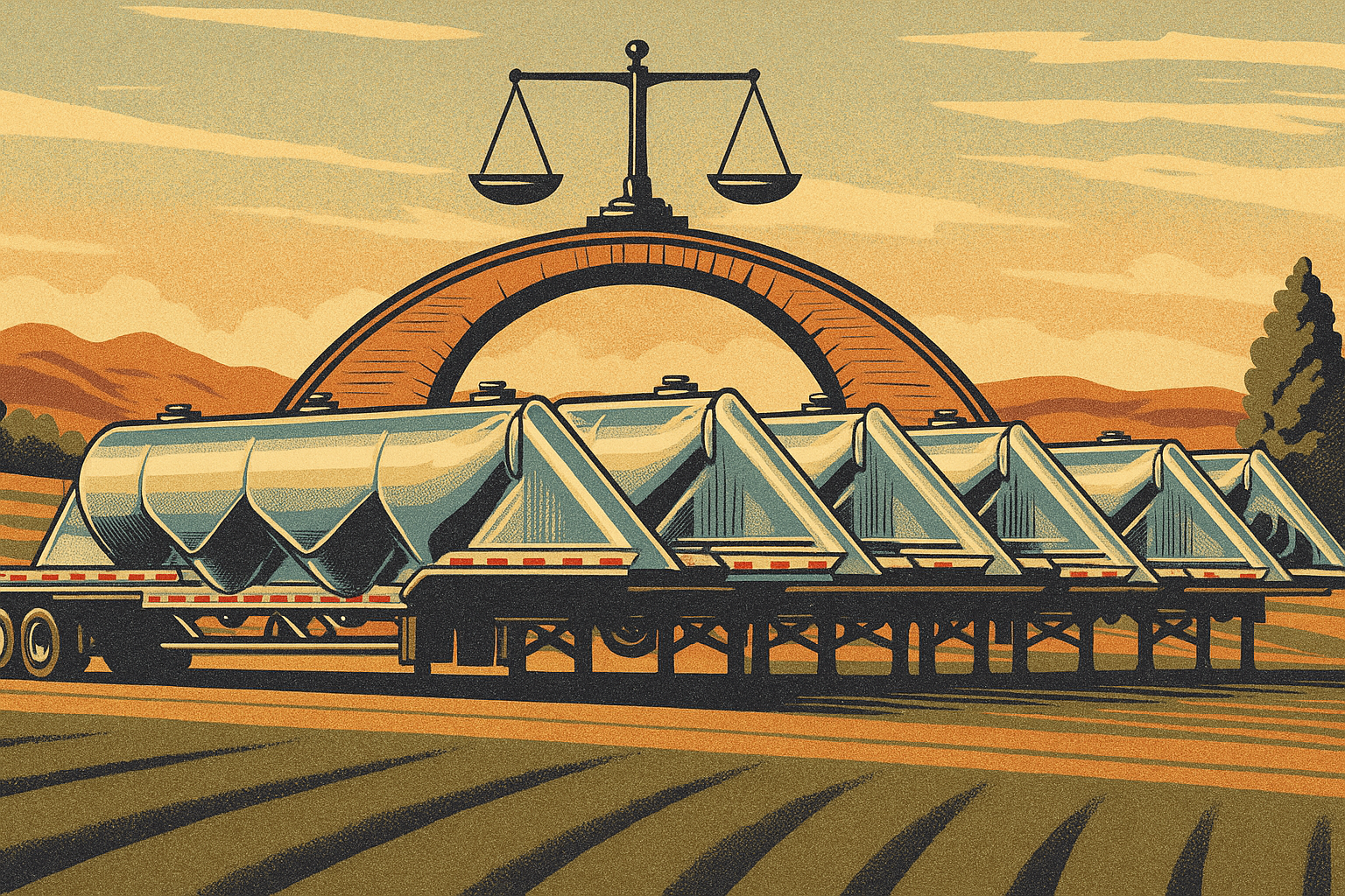 Pneumatic tank trailers with a scale and bridge in background