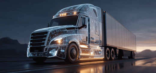 Truck with data of truck appearing as it drives