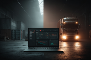 Cyber Cargo Theft Surge – 7 Insights on the Growing Threat (2025) 2 Laptop showing a cyber‑security dashboard in a dark freight warehouse with a semi‑truck idling in the background.
