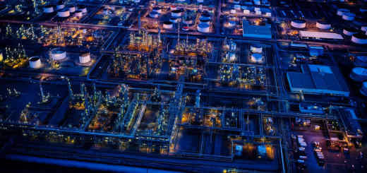 Aerial shot of a refinery at night