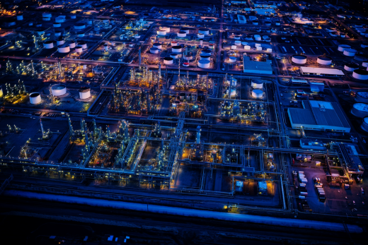 Aerial shot of a refinery at night