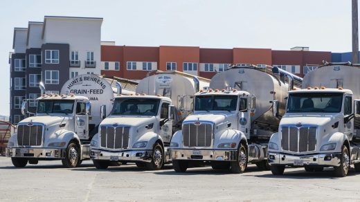 Four polished Peterbilt semi‑trucks with bulk grain trailers parked in an industrial yard.