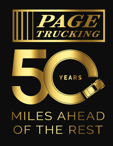 Page Trucking Goulet merger: Page Trucking and Goulet Trucking Merger 500‑Truck Specialized Bulk Carrier Takes Shape 7 Page Trucking 50‑year anniversary logo with gold “50 Years” badge and the tagline “Miles Ahead of the Rest” on a black background.