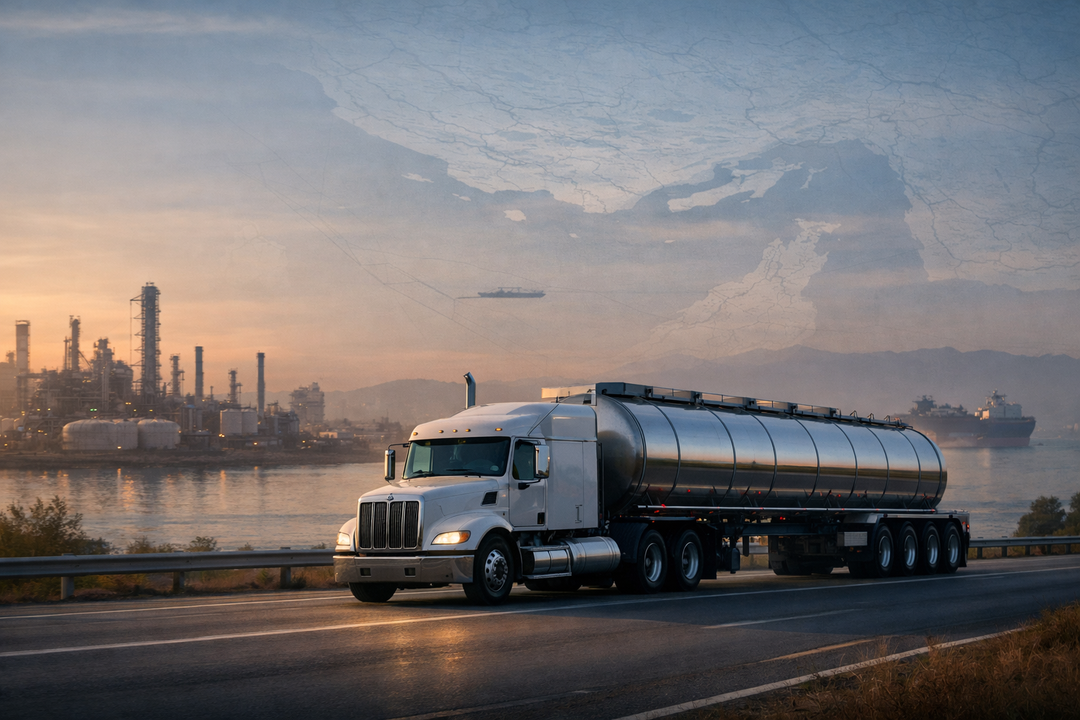 Stainless steel fuel tanker semi-truck driving on a highway at sunrise with a refinery skyline and distant cargo ships on calm water.