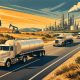 A 1960s-style editorial illustration showing three tanker trucks spaced along a curving California highway, with pumpjacks in a dry oil field, a coastal refinery, water, pipelines, mountains, and a warm sunset sky.