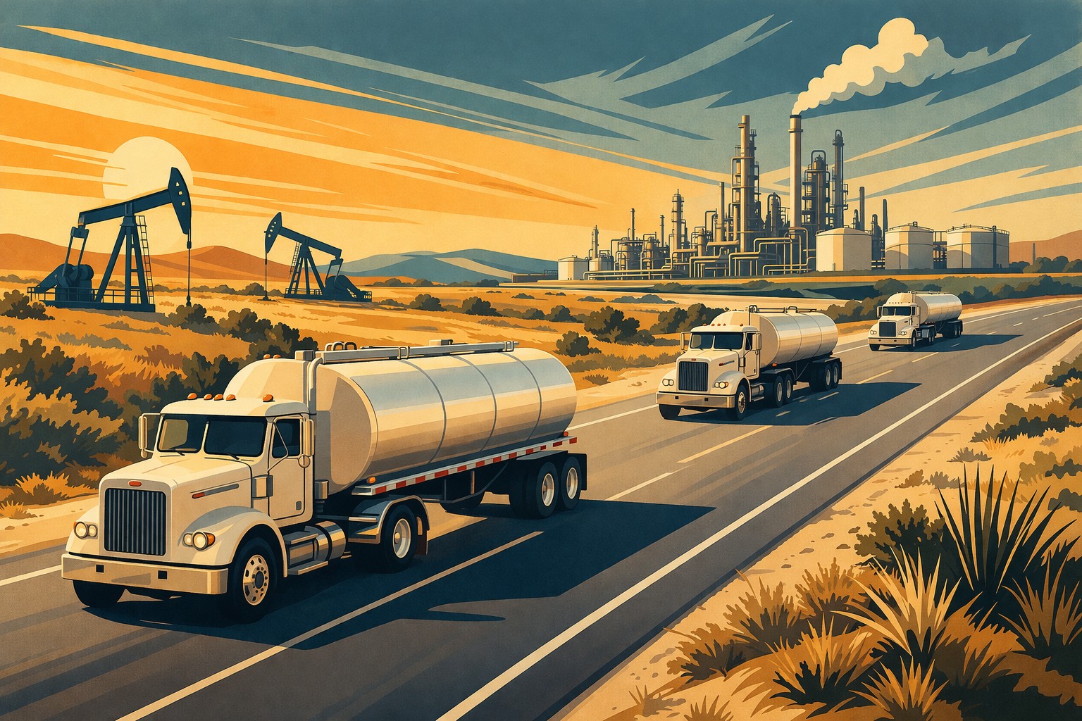 A 1960s-style editorial illustration showing three tanker trucks spaced along a curving California highway, with pumpjacks in a dry oil field, a coastal refinery, water, pipelines, mountains, and a warm sunset sky.