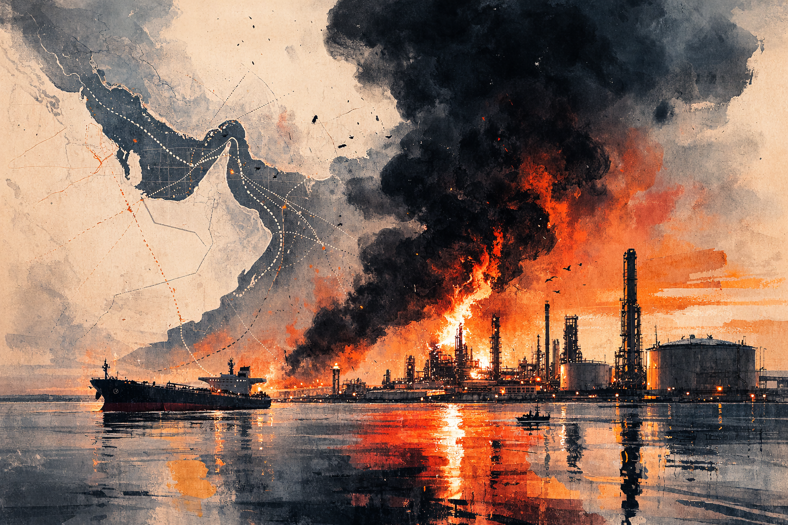 Editorial illustration of a coastal oil refinery on fire beside Gulf waters, with black smoke rising over tanks and towers, while a large tanker moves through mapped shipping lanes.