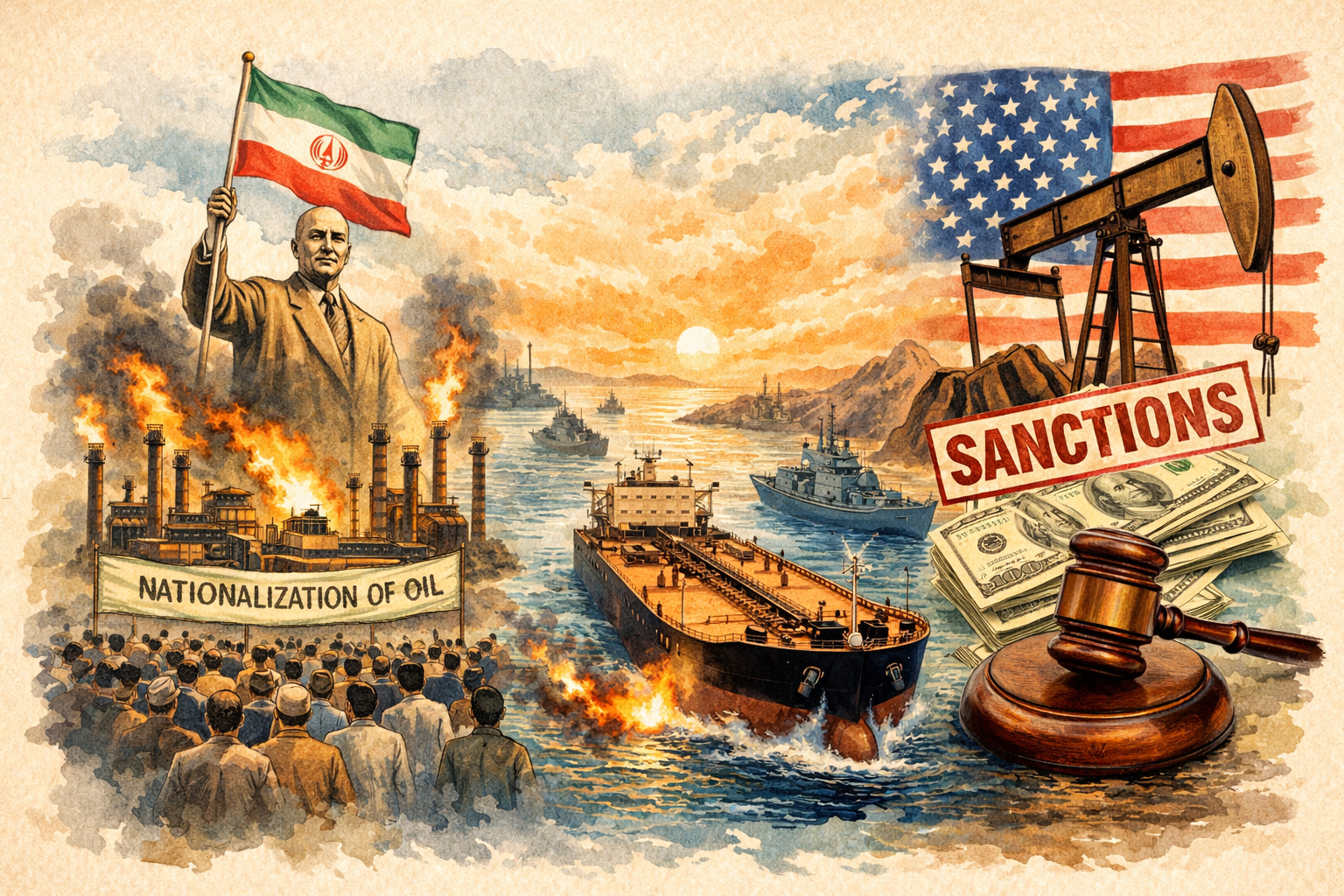 Vintage-style editorial illustration showing a political figure with an Iranian flag beside a burning refinery, an oil tanker moving through a narrow strait, and a pumpjack, U.S. flag, money, gavel, and sanctions stamp.