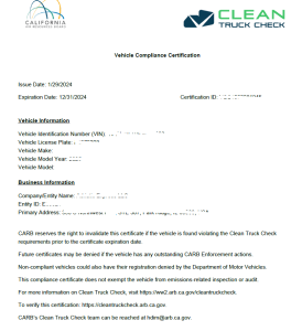 Clean Truck Check Disapproval: 12 Costly High-Stakes Impacts for Interstate Tanker Fleets After EPA Action 5 Example of a Clean Truck Check vehicle compliance certificate with issue date, expiration date, VIN section, and business information.