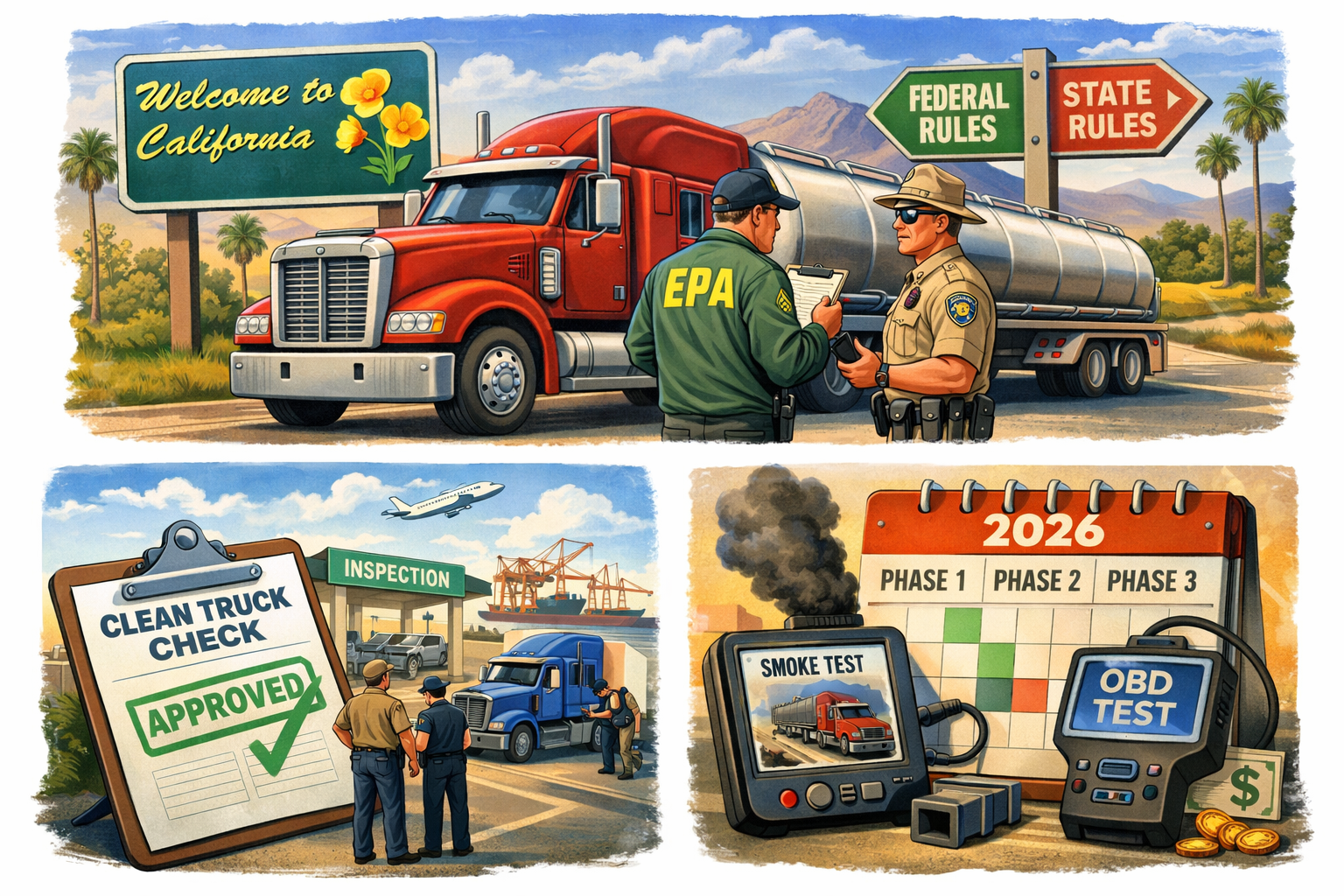 Clean Truck Check Disapproval shown by Clean Truck Check highway sign with arrows pointing to federal rejection and state enforcement over a trucking backdrop.