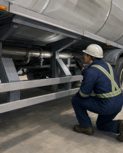 Cargo Tank Compliance Faces 2 Critical PHMSA Clarifications for MC 331 Fleets 4 Illustrated close-up of a technician kneeling beneath a cargo tank trailer and inspecting underbody piping and structural components with a flashlight.