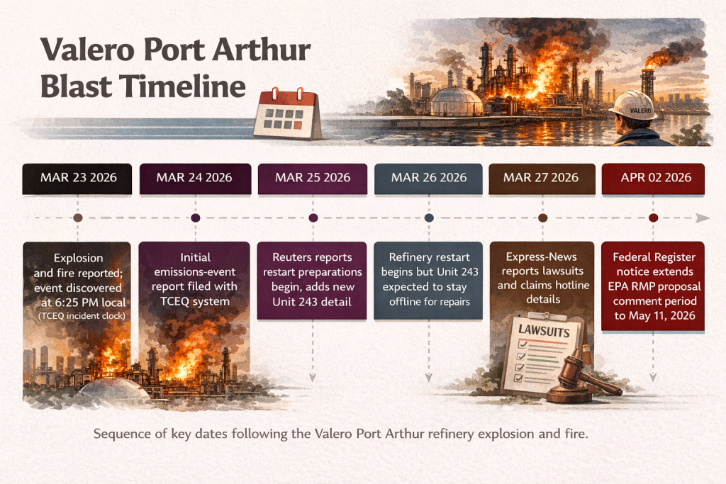 Valero Port Arthur Blast: 12 Warning Signals for Fuel Markets 8 Infographic timeline showing key dates and developments following the Valero Port Arthur refinery explosion from March 23 through April 2, 2026.