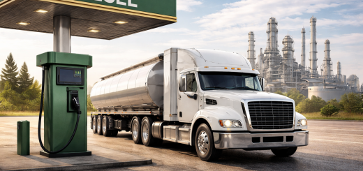 Diesel trucking costs hero image showing a white semi-truck with a tanker trailer at a diesel station with a refinery in the background.