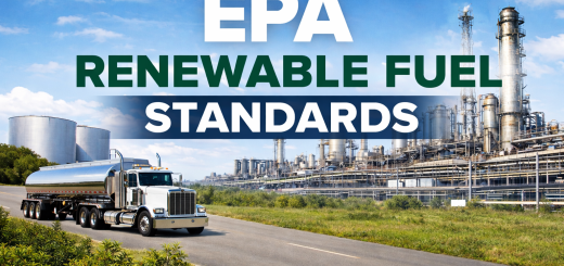 EPA renewable fuel standards hero image showing an American fuel tanker truck driving past fuel storage tanks and a refinery complex under a blue sky.