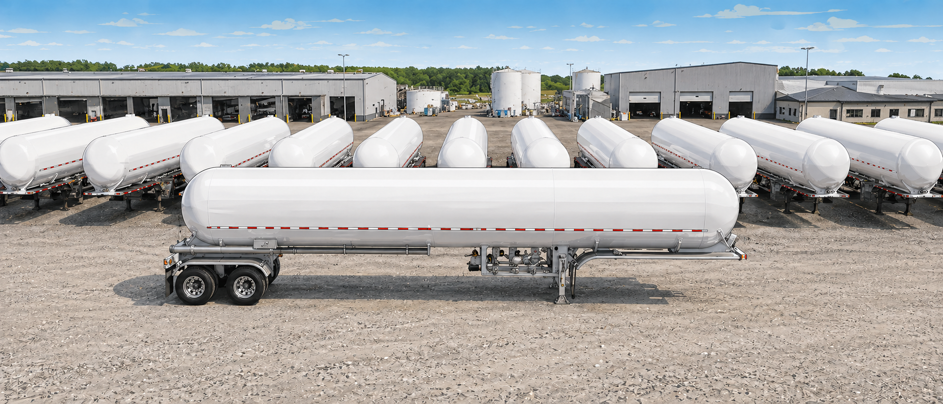 Illustrated wide aerial view of multiple white MC 331-style LPG cargo tank trailers lined up in an industrial yard, with warehouses and storage tanks in the background.