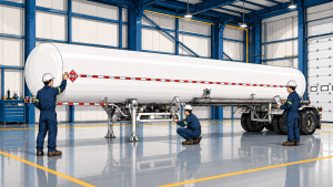 Cargo Tank Compliance Faces 2 Critical PHMSA Clarifications for MC 331 Fleets 5 Illustrated wide view of a white MC 331 cargo tank trailer undergoing cargo tank compliance inspection by three technicians inside a large warehouse maintenance bay.