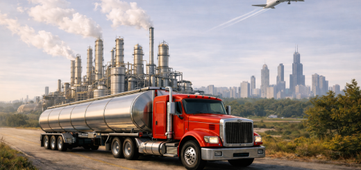 Midwest Fuel Supply Squeeze scene with a red tanker truck, refinery towers, Chicago skyline, and a passenger jet in a pale blue sky