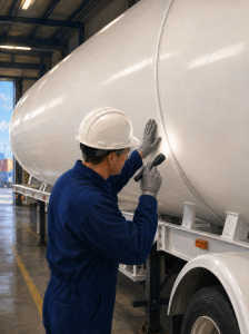 Cargo Tank Compliance Faces 2 Critical PHMSA Clarifications for MC 331 Fleets 2 Illustrated close-up of a technician inspecting the outer shell of a cargo tank trailer with a flashlight and gloved hand inside a maintenance bay.