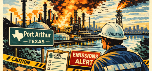 Valero Port Arthur blast editorial illustration showing a refinery fire in Texas, with a worker in the foreground, a Port Arthur sign, caution tape, and an emissions alert notice.