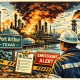 Valero Port Arthur blast editorial illustration showing a refinery fire in Texas, with a worker in the foreground, a Port Arthur sign, caution tape, and an emissions alert notice.