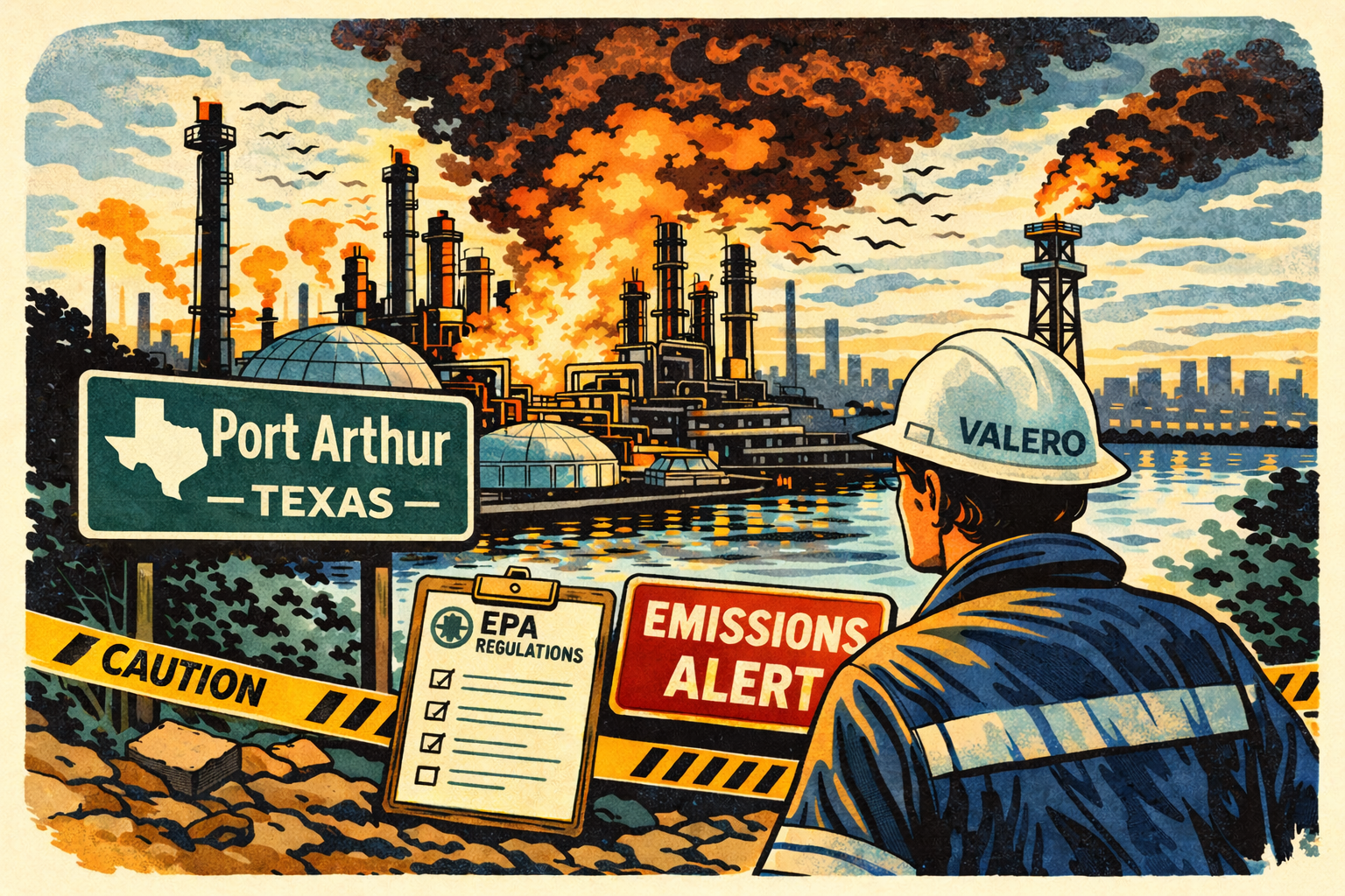 Valero Port Arthur blast editorial illustration showing a refinery fire in Texas, with a worker in the foreground, a Port Arthur sign, caution tape, and an emissions alert notice.