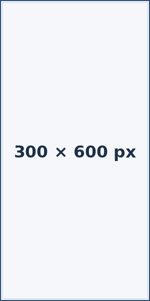 Half Page Ad 1 White 300ร600 pixel vertical ad placeholder with navy size text and blue border.