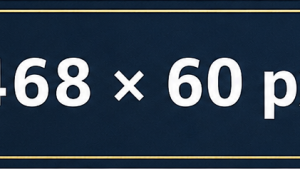 Leaderboard Navy blue 468×60 pixel banner placeholder with white size text and gold border.