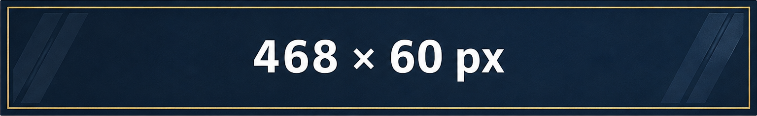 Leaderboard Navy blue 468ร60 pixel banner placeholder with white size text and gold border.