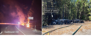 EV Hazmat Transport Risks: 7 Key Questions in PHMSAโs Federal Review 2 2024 Tesla Semi postcrash fire and final rest location showing EV hazmat transport risks on Interstate 80 in California