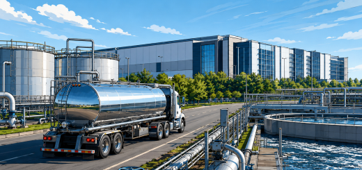 Water tank transport demand illustrated by a stainless steel tanker truck near water treatment infrastructure and a modern data center campus.