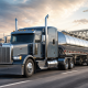 Heavy-duty truck excise tax repeal debate illustrated by a U.S. tank truck passing Capitol and highway infrastructure.
