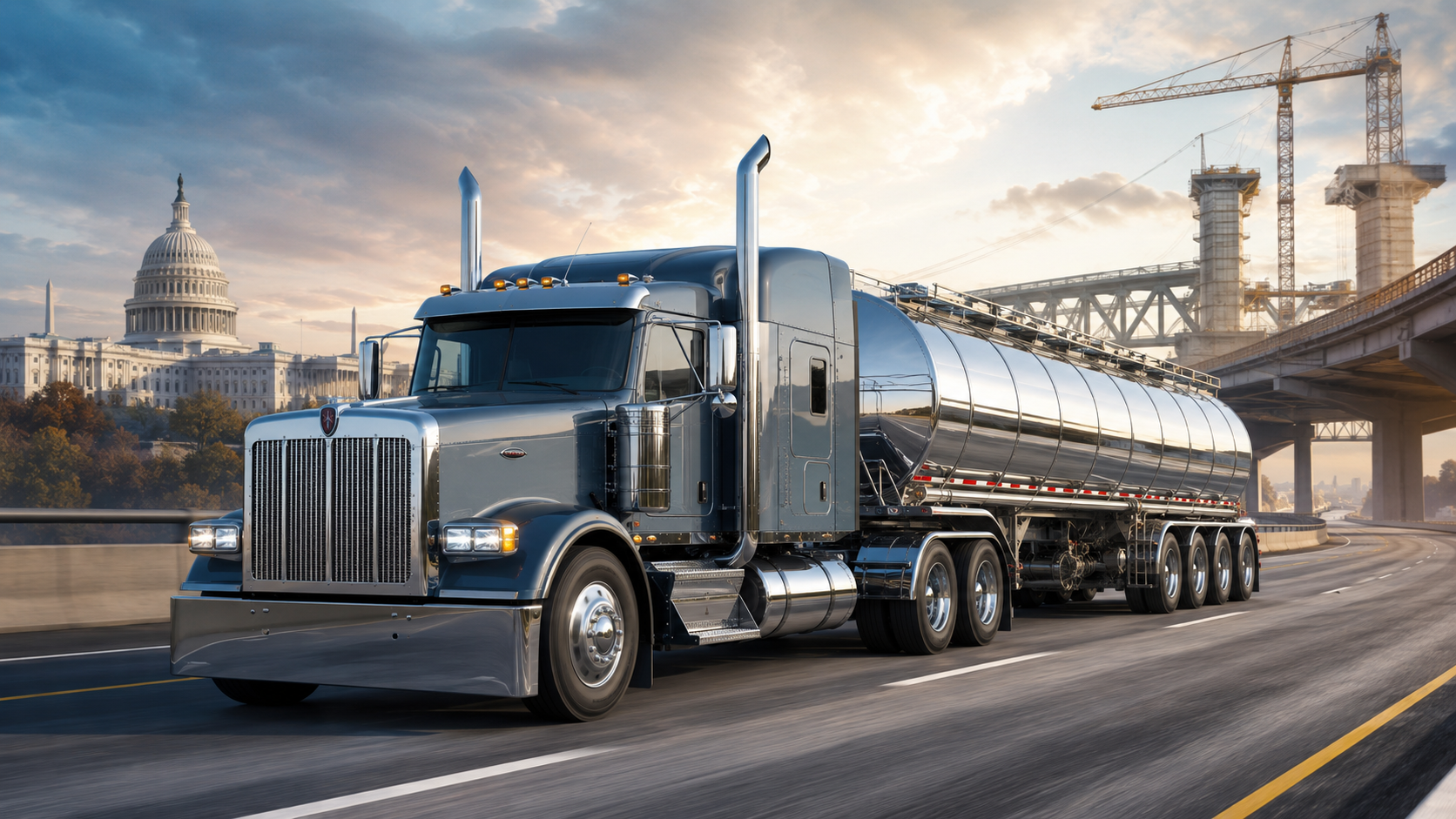 Heavy-duty truck excise tax repeal debate illustrated by a U.S. tank truck passing Capitol and highway infrastructure.