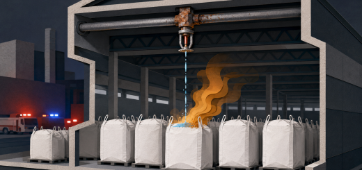 Illustrated warehouse cutaway showing water leaking from a corroded sprinkler onto chemical super sacks