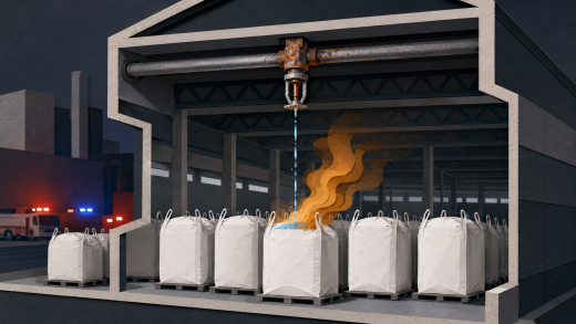 Illustrated warehouse cutaway showing water leaking from a corroded sprinkler onto chemical super sacks