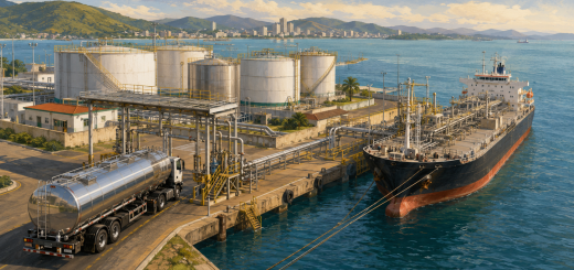 Tank truck at a coastal ethanol terminal with storage tanks and a liquid-bulk vessel secured at the dock.