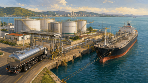 Tank truck at a coastal ethanol terminal with storage tanks and a liquid-bulk vessel secured at the dock.
