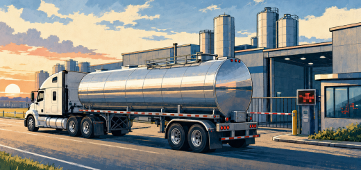 Fairlife ransomware shutdown illustration showing a milk tanker approaching a dairy processing plant. Illustrated U.S. milk tanker approaching a dairy processing plant during a digital systems disruption