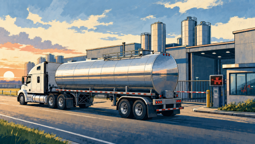 Fairlife ransomware shutdown illustration showing a milk tanker approaching a dairy processing plant. Illustrated U.S. milk tanker approaching a dairy processing plant during a digital systems disruption