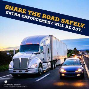 Operation Safe Driver Week 2026: 7 Critical July Enforcement Risks for Fleets 5 FMCSA road safety enforcement graphic showing commercial trucks with the message โShare the road safely. Extra enforcement will be out.โ