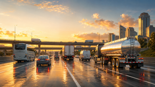 Operation Safe Driver Week 2026 highway traffic scene with a tanker truck, bus, van trailer, and passenger vehicles traveling on a wet city freeway at golden hour