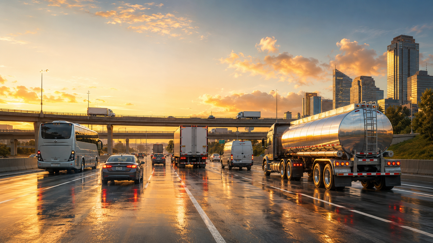 Operation Safe Driver Week 2026 highway traffic scene with a tanker truck, bus, van trailer, and passenger vehicles traveling on a wet city freeway at golden hour