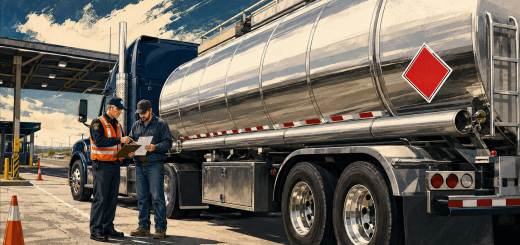 Illustrated roadside inspection of a cargo tank truck as an inspector and driver review hazmat shipping documents.