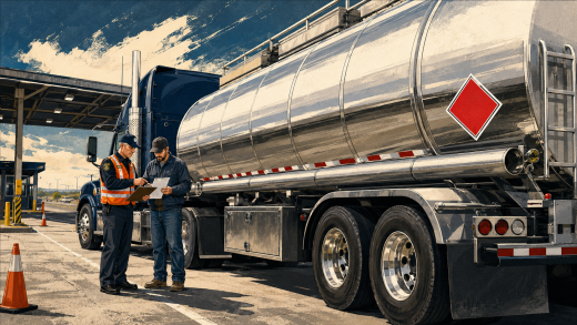Illustrated roadside inspection of a cargo tank truck as an inspector and driver review hazmat shipping documents.