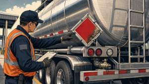 2026 Hazmat Violations Reveal 5 Preventable Roadside Failures 2 Roadside inspector examining a partially obscured hazmat placard on a stainless-steel cargo tank trailer.