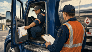2026 Hazmat Violations Reveal 5 Preventable Roadside Failures 1 2026 hazmat violations inspection showing a tanker driver retrieving shipping papers for a roadside inspector.