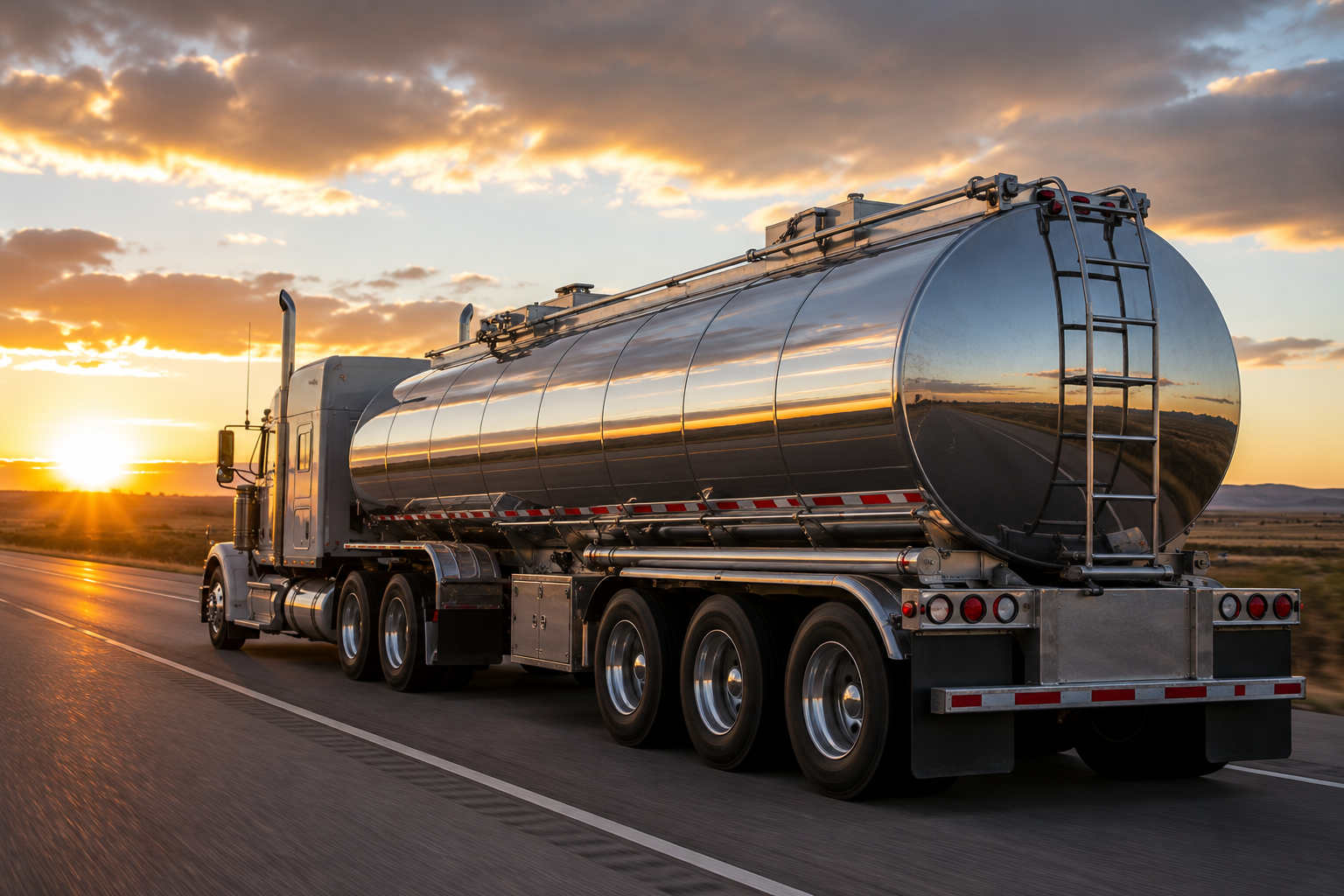 Stainless steel tanker truck traveling on a highway at sunset with a dramatic sky and open road.
