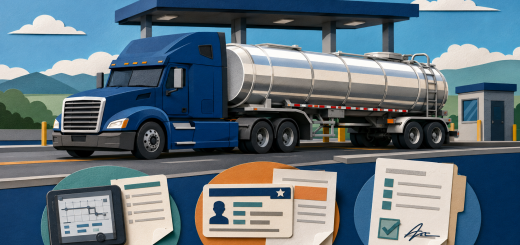 Flat papercraft illustration of a tank truck at a roadside inspection station with ELD, CDL and inspection paperwork