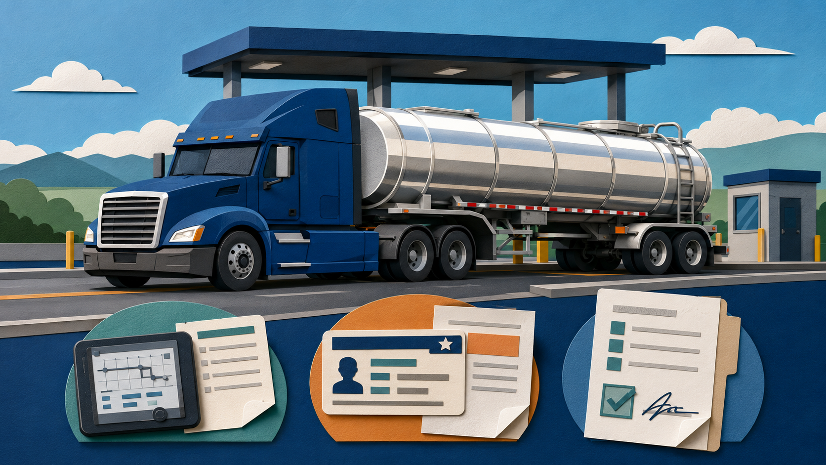 Flat papercraft illustration of a tank truck at a roadside inspection station with ELD, CDL and inspection paperwork