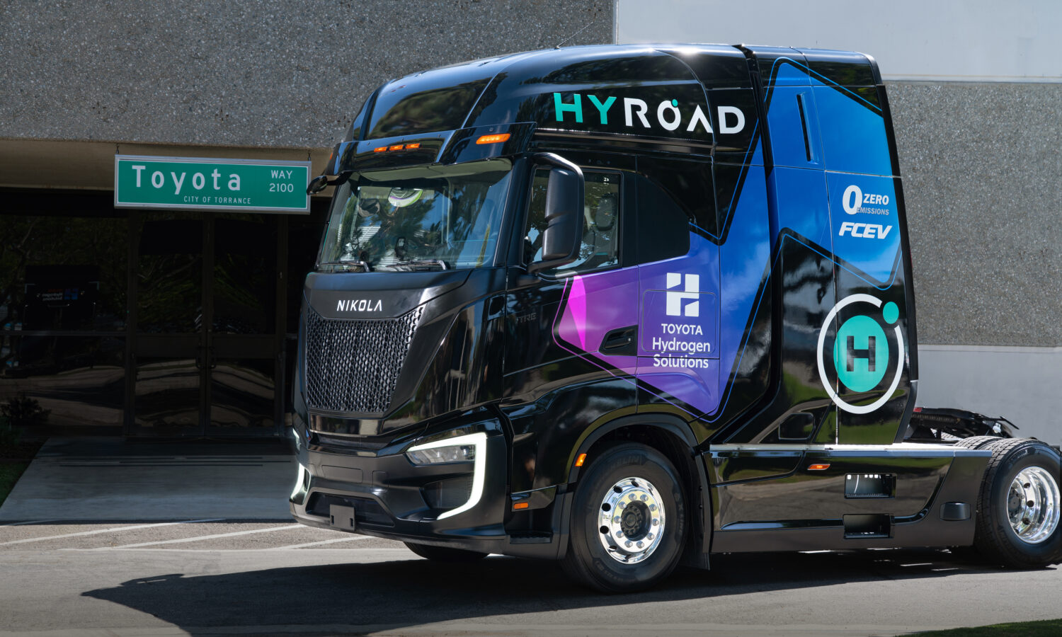 Toyota hydrogen trucks shown in a Hyroad Energy Class 8 hydrogen fuel-cell tractor co-branded with Toyota Hydrogen Solutions